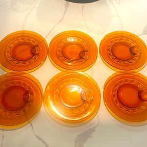 Vintage 1970s Indiana Amber Glass 10.5” Plate set of 6 w glass cup/sauce holder